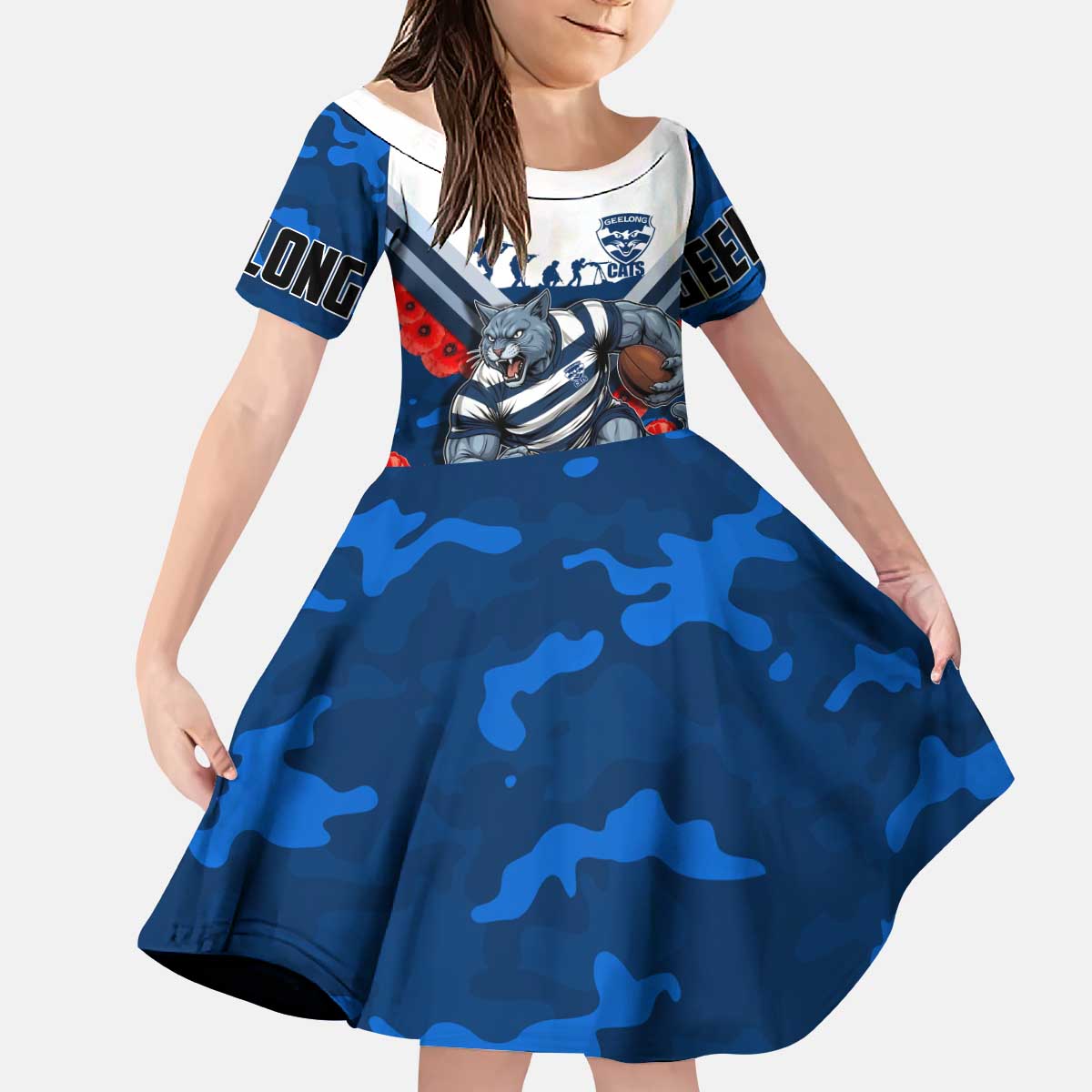 Personalised Geelong Cats ANZAC Kid Short Sleeve Dress Military Remembrance Australian Football Mascot Camouflage