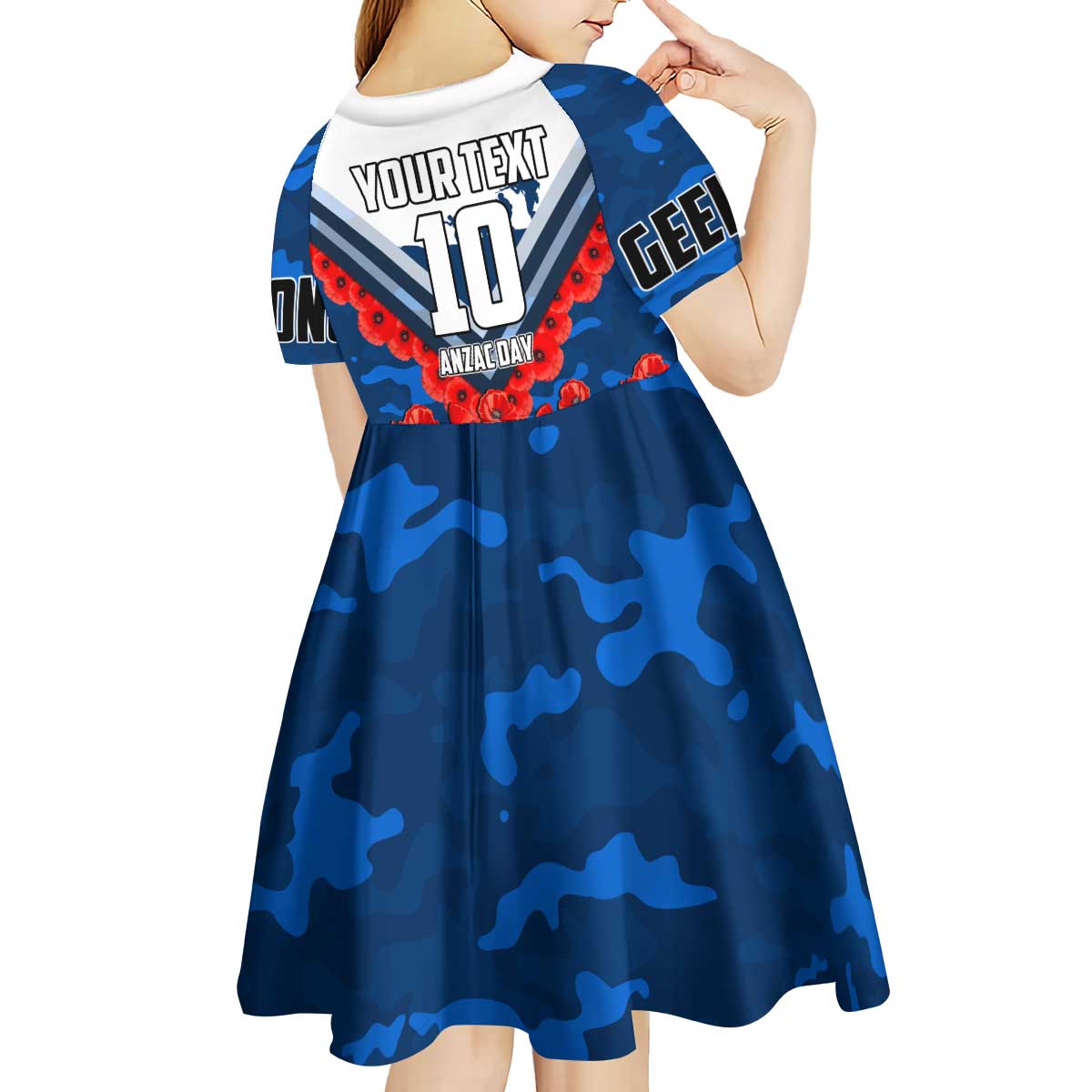 Personalised Geelong Cats ANZAC Kid Short Sleeve Dress Military Remembrance Australian Football Mascot Camouflage