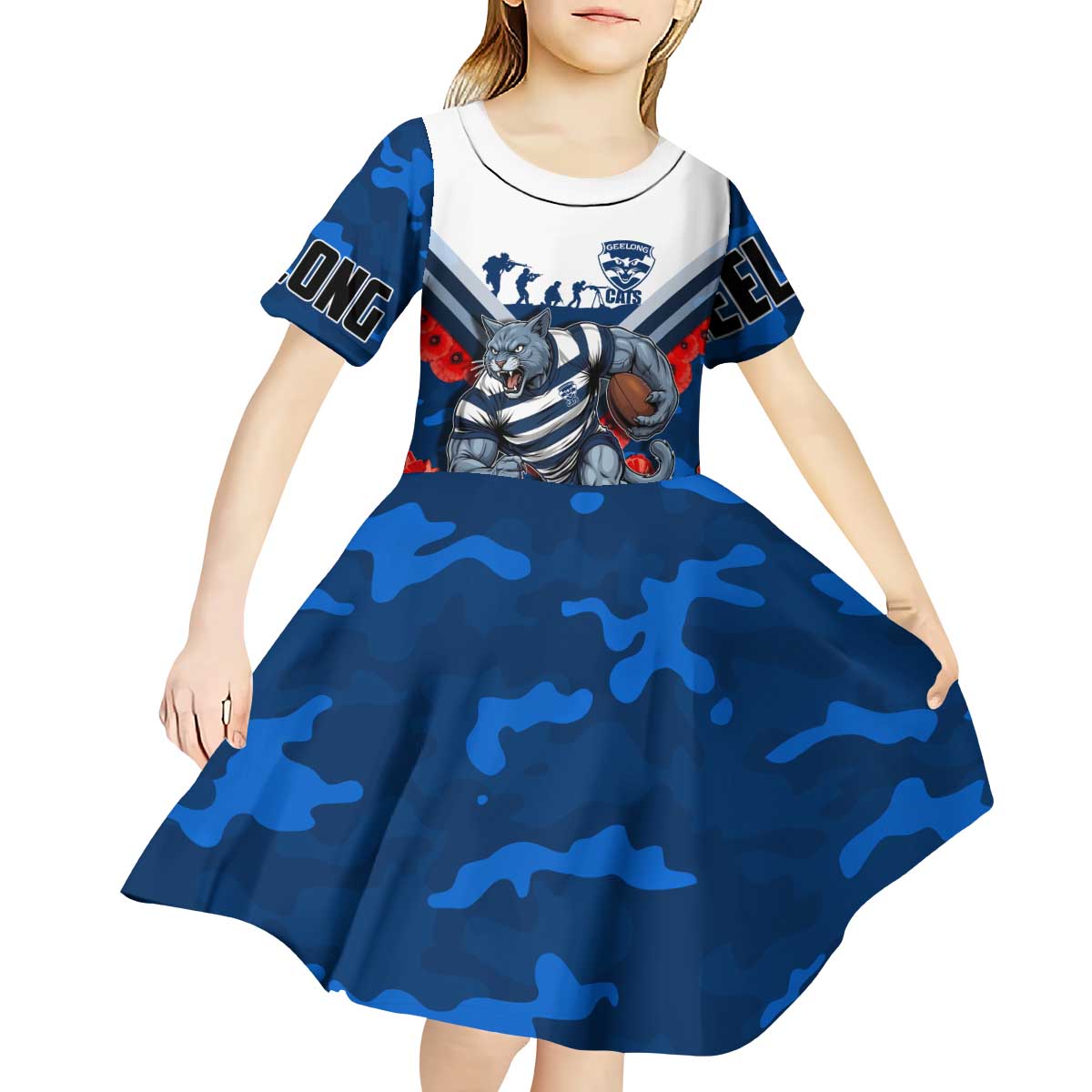 Personalised Geelong Cats ANZAC Kid Short Sleeve Dress Military Remembrance Australian Football Mascot Camouflage