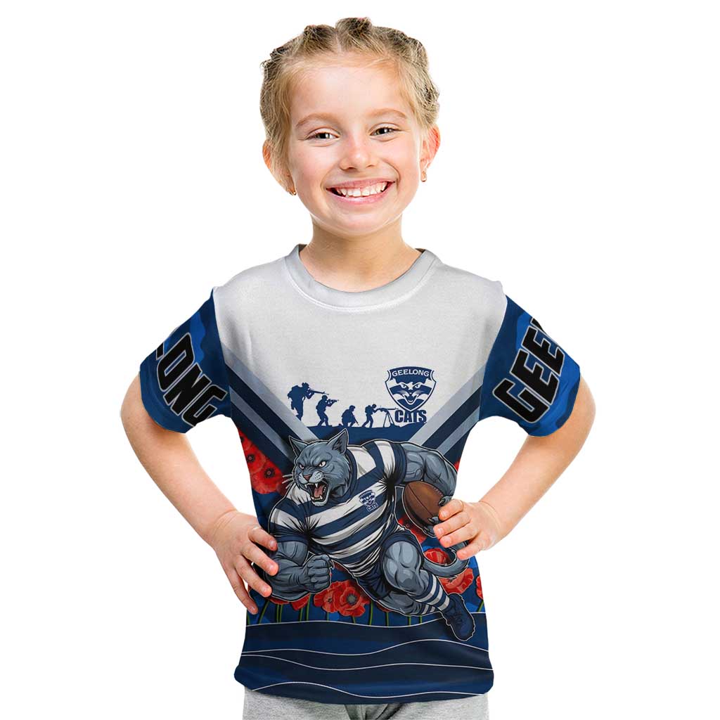 Personalised Geelong Cats ANZAC Kid T Shirt Military Remembrance Australian Football Mascot Camouflage