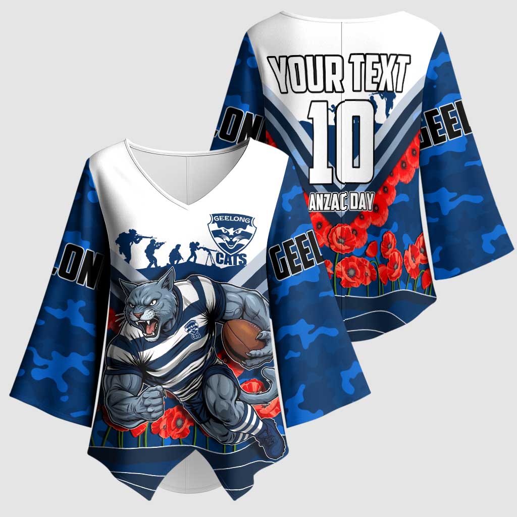 Personalised Geelong Cats ANZAC Kimono Sleeve Blouse Military Remembrance Australian Football Mascot Camouflage