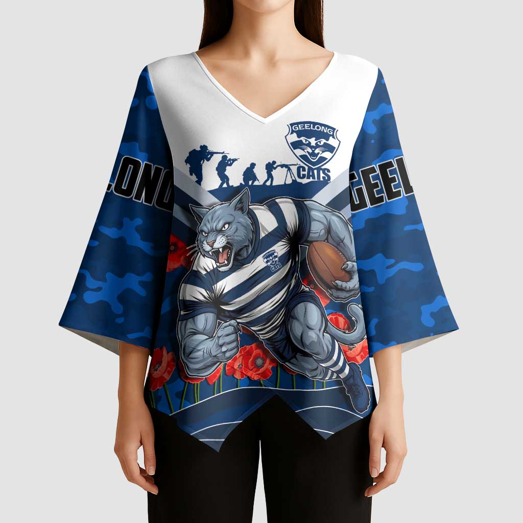 Personalised Geelong Cats ANZAC Kimono Sleeve Blouse Military Remembrance Australian Football Mascot Camouflage