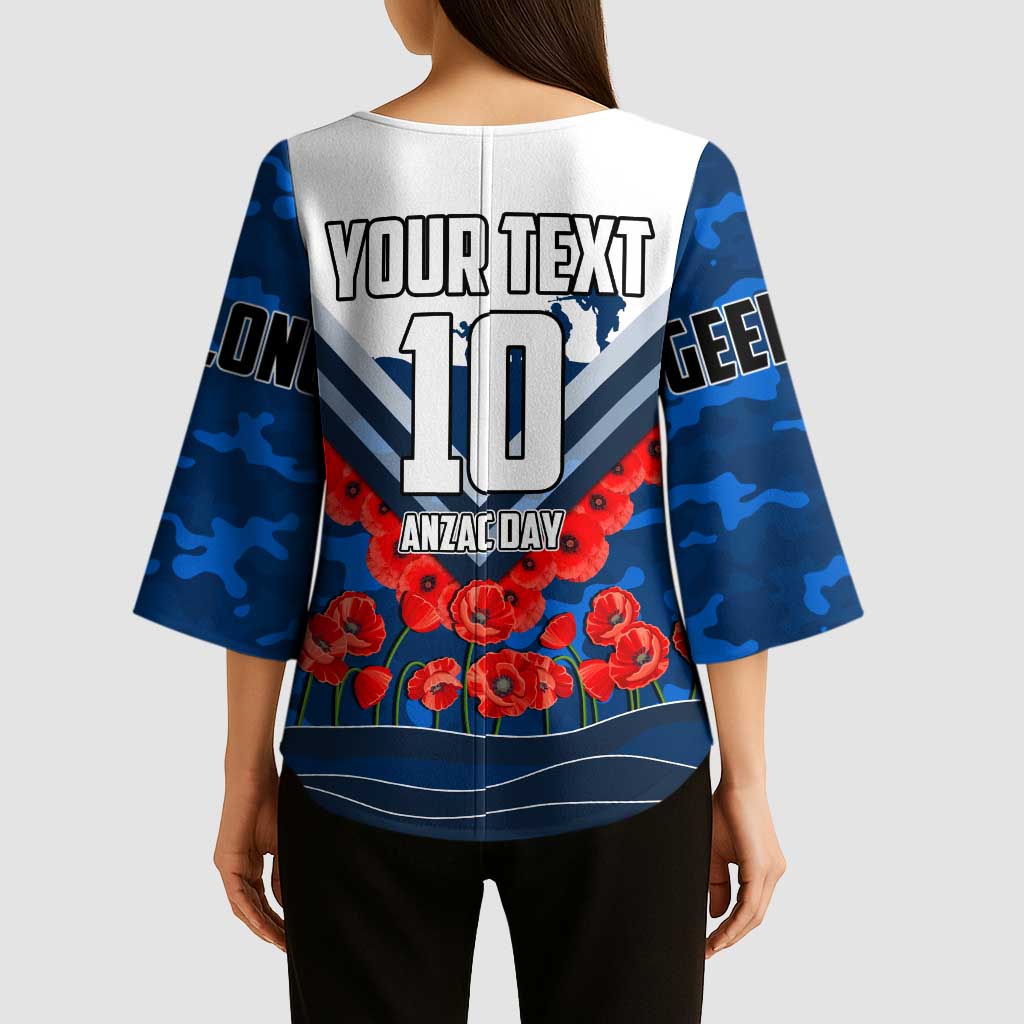 Personalised Geelong Cats ANZAC Kimono Sleeve Blouse Military Remembrance Australian Football Mascot Camouflage