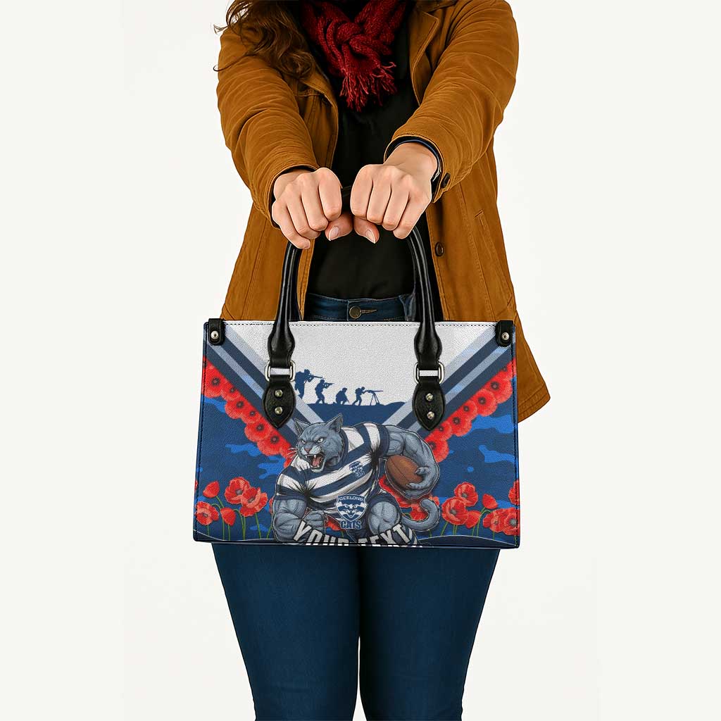 Personalised Geelong Cats ANZAC Leather Bag Military Remembrance Australian Football Mascot Camouflage