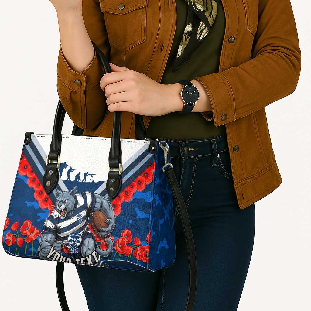 Personalised Geelong Cats ANZAC Leather Bag Military Remembrance Australian Football Mascot Camouflage