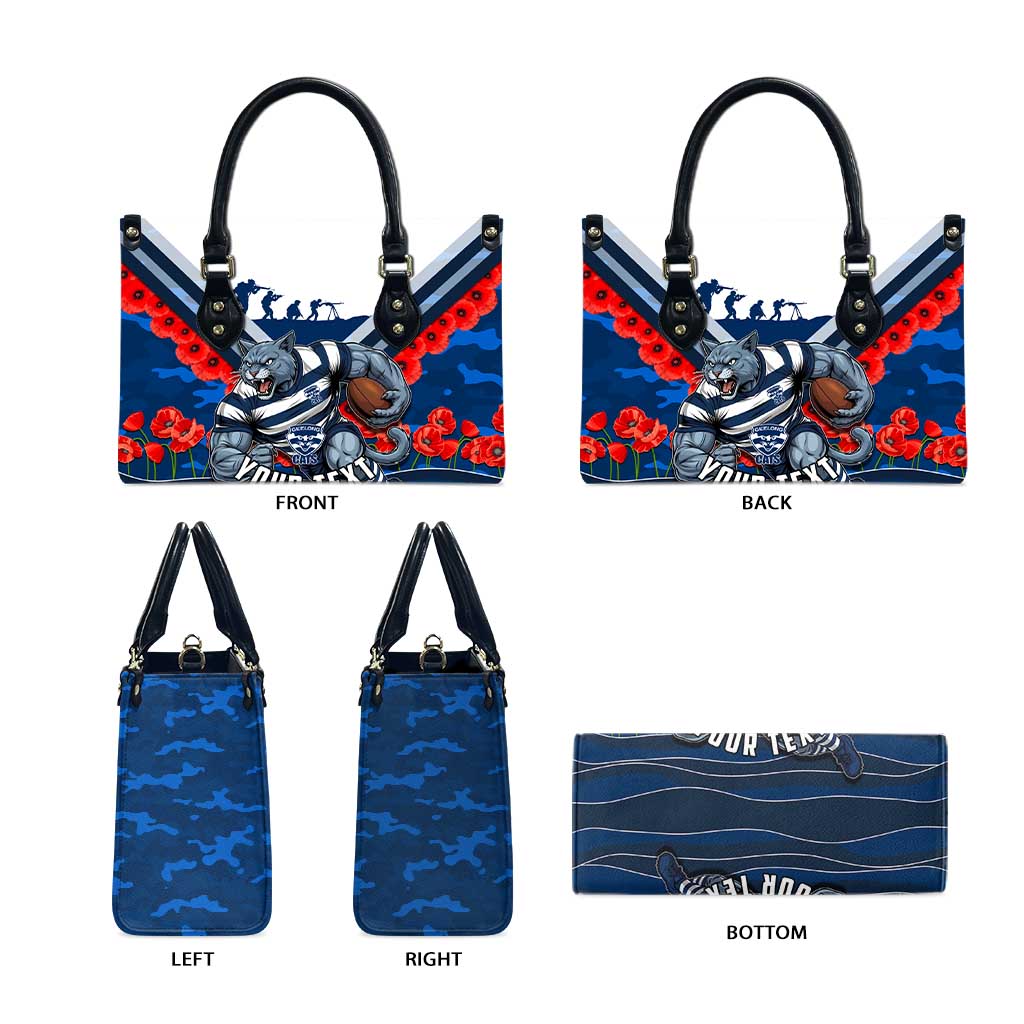 Personalised Geelong Cats ANZAC Leather Bag Military Remembrance Australian Football Mascot Camouflage