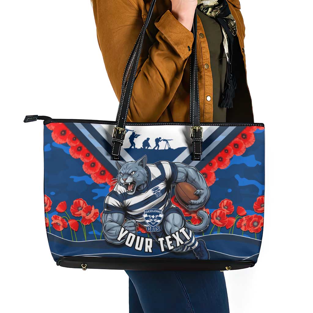 Personalised Geelong Cats ANZAC Leather Tote Bag Military Remembrance Australian Football Mascot Camouflage