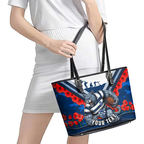 Personalised Geelong Cats ANZAC Leather Tote Bag Military Remembrance Australian Football Mascot Camouflage