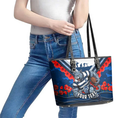 Personalised Geelong Cats ANZAC Leather Tote Bag Military Remembrance Australian Football Mascot Camouflage