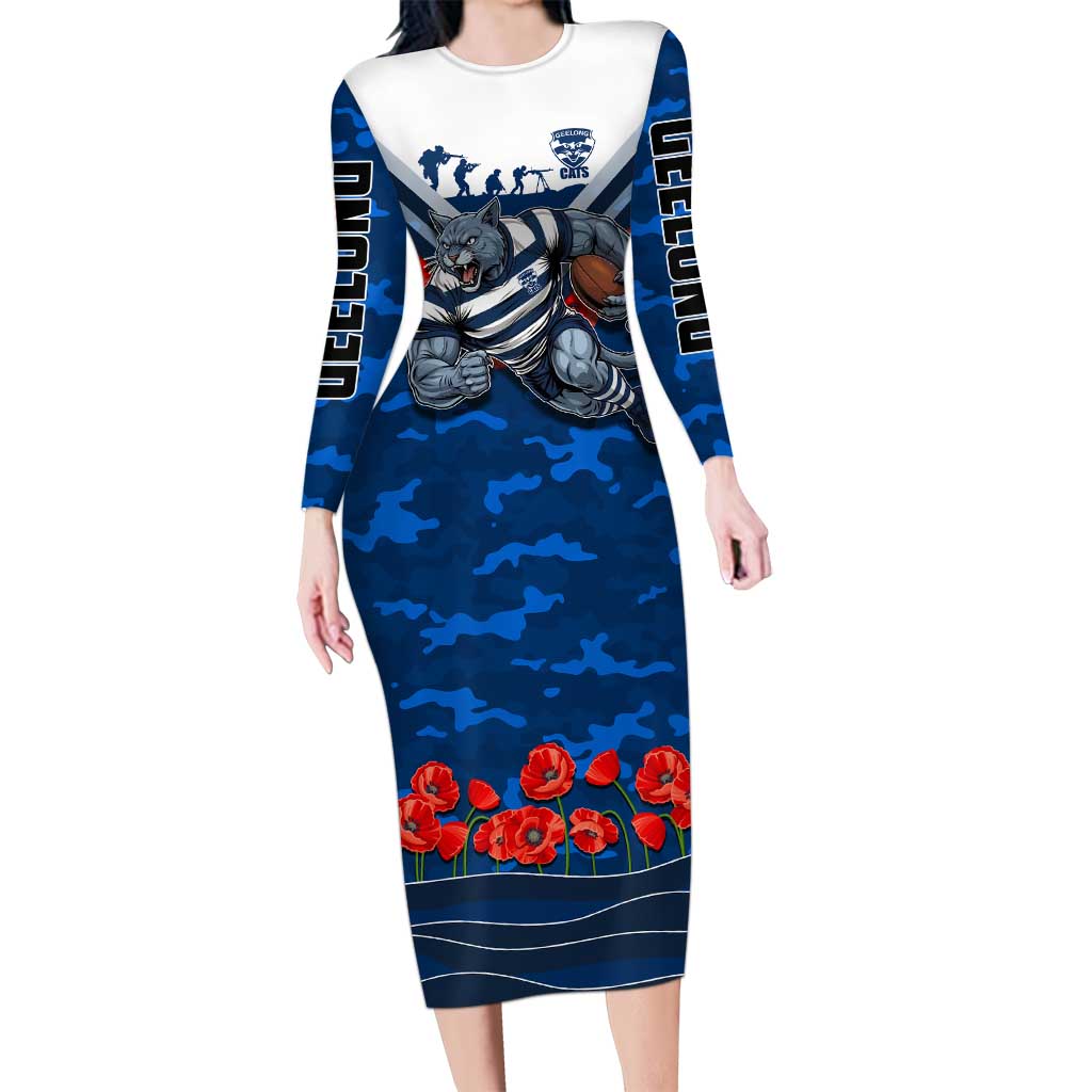 Personalised Geelong Cats ANZAC Long Sleeve Bodycon Dress Military Remembrance Australian Football Mascot Camouflage