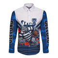 Personalised Geelong Cats ANZAC Long Sleeve Button Shirt Military Remembrance Australian Football Mascot Camouflage