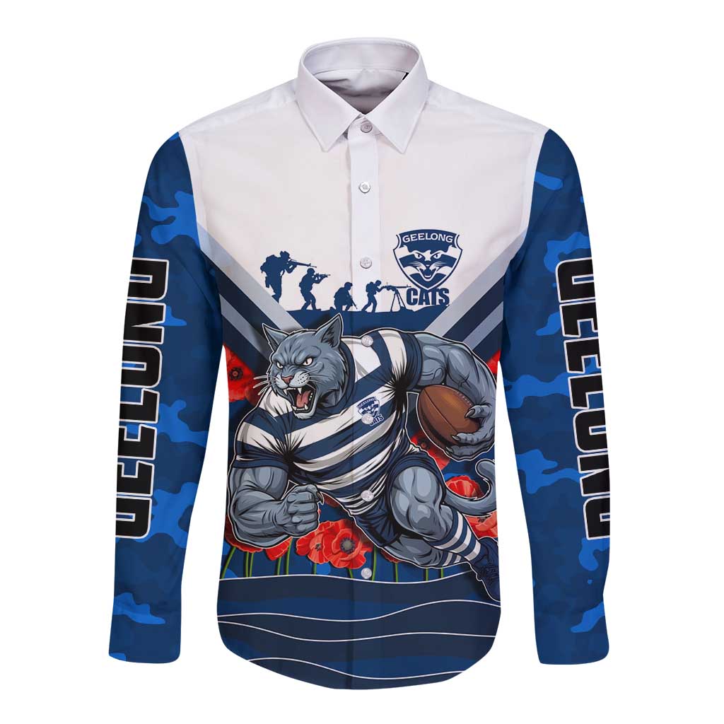 Personalised Geelong Cats ANZAC Long Sleeve Button Shirt Military Remembrance Australian Football Mascot Camouflage