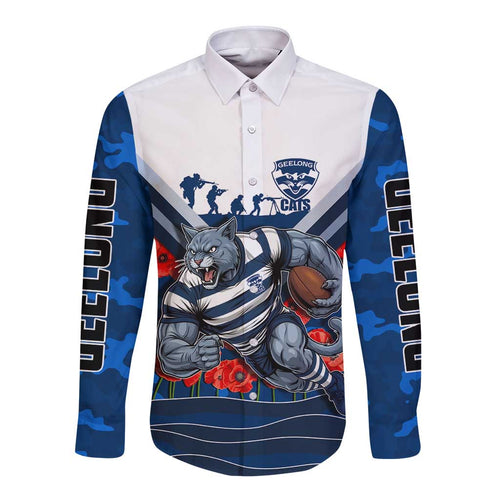 Personalised Geelong Cats ANZAC Long Sleeve Button Shirt Military Remembrance Australian Football Mascot Camouflage
