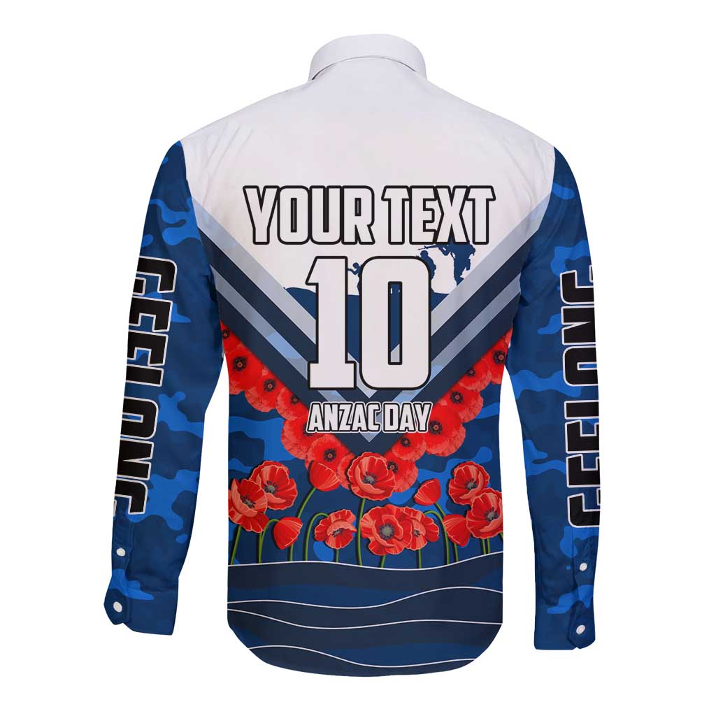 Personalised Geelong Cats ANZAC Long Sleeve Button Shirt Military Remembrance Australian Football Mascot Camouflage