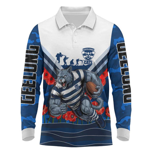 Personalised Geelong Cats ANZAC Long Sleeve Polo Shirt Military Remembrance Australian Football Mascot Camouflage