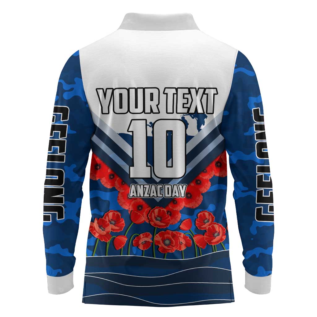 Personalised Geelong Cats ANZAC Long Sleeve Polo Shirt Military Remembrance Australian Football Mascot Camouflage