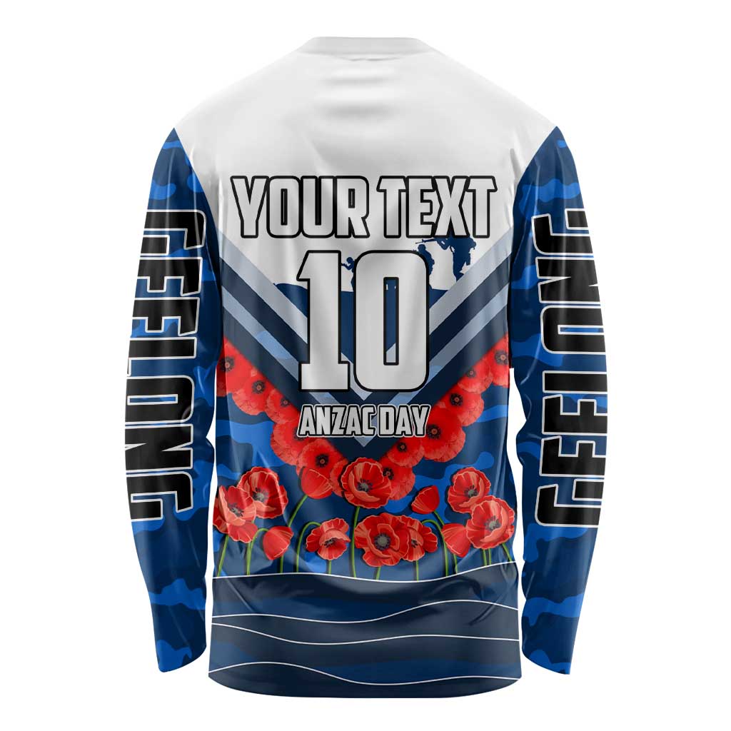 Personalised Geelong Cats ANZAC Long Sleeve Shirt Military Remembrance Australian Football Mascot Camouflage
