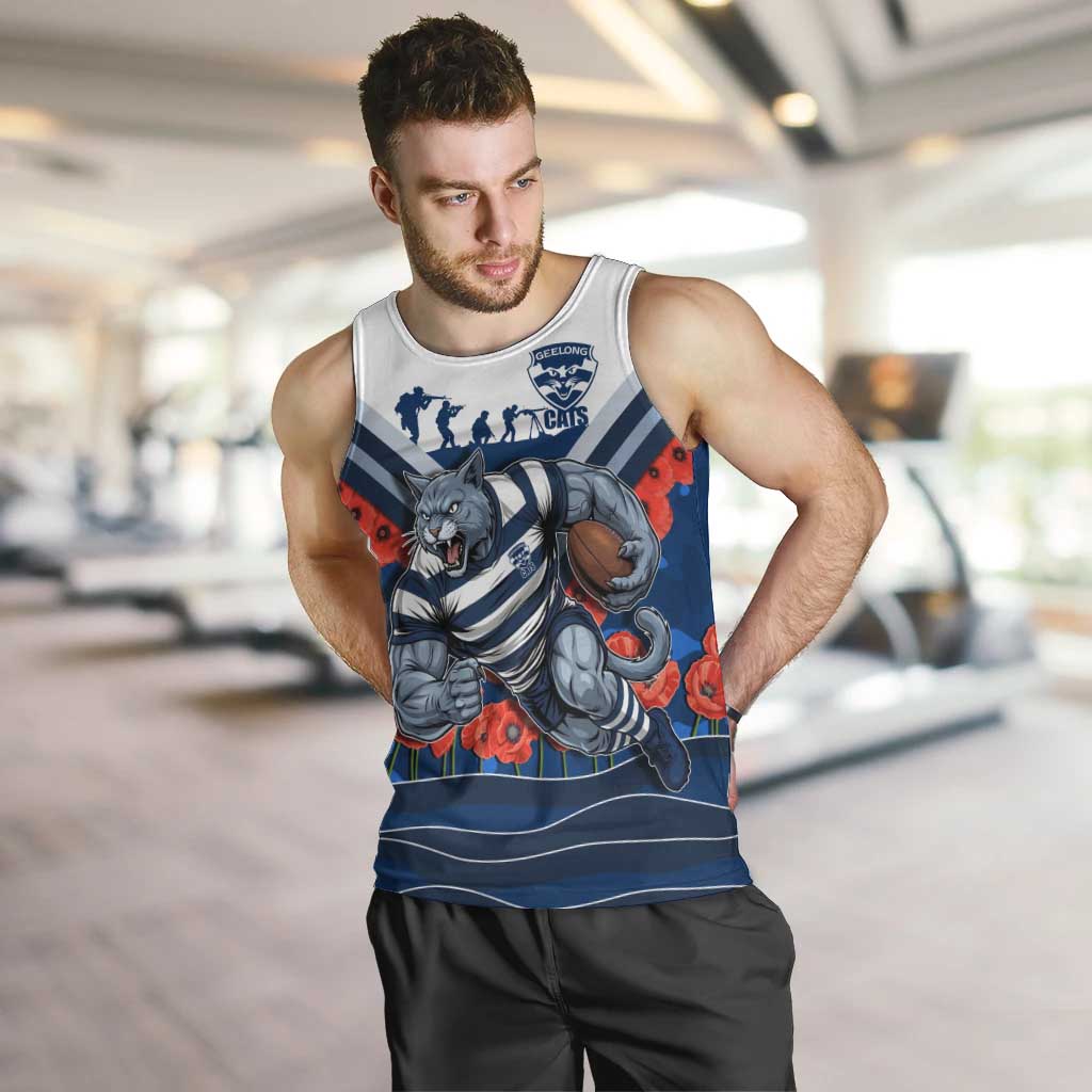 Personalised Geelong Cats ANZAC Men Tank Top Military Remembrance Australian Football Mascot Camouflage