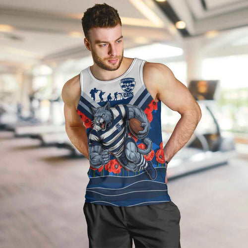 Personalised Geelong Cats ANZAC Men Tank Top Military Remembrance Australian Football Mascot Camouflage