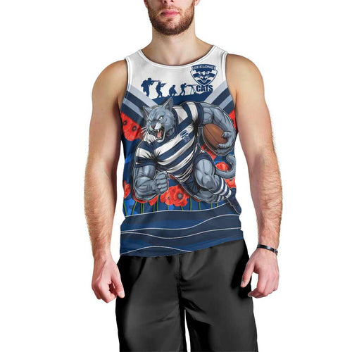 Personalised Geelong Cats ANZAC Men Tank Top Military Remembrance Australian Football Mascot Camouflage