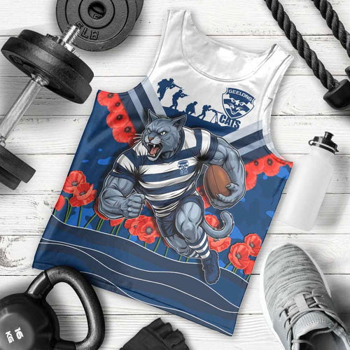Personalised Geelong Cats ANZAC Men Tank Top Military Remembrance Australian Football Mascot Camouflage