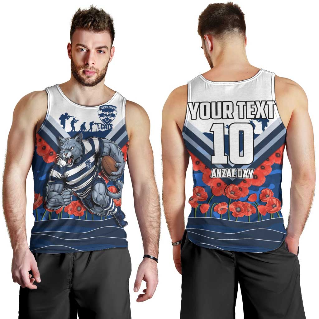Personalised Geelong Cats ANZAC Men Tank Top Military Remembrance Australian Football Mascot Camouflage