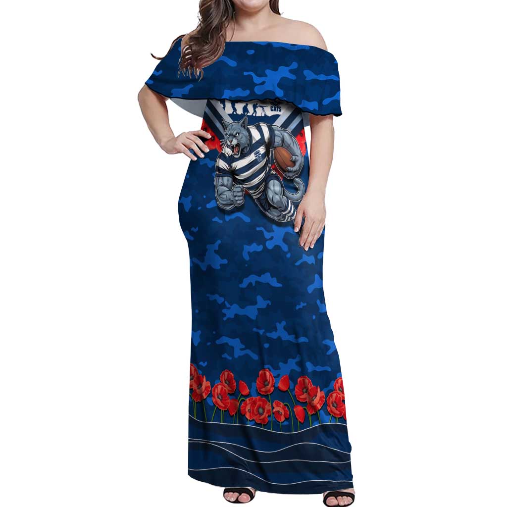Personalised Geelong Cats ANZAC Off Shoulder Maxi Dress Military Remembrance Australian Football Mascot Camouflage