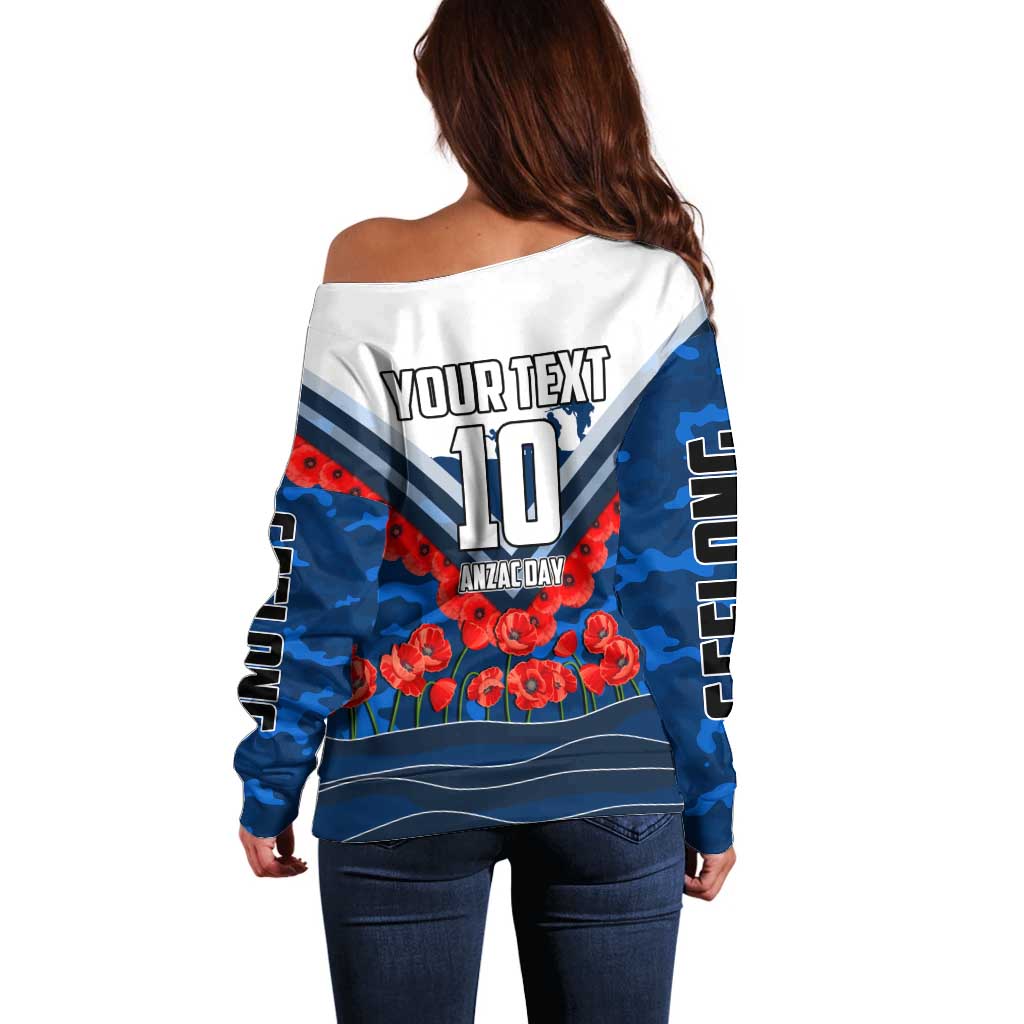 Personalised Geelong Cats ANZAC Off Shoulder Sweater Military Remembrance Australian Football Mascot Camouflage