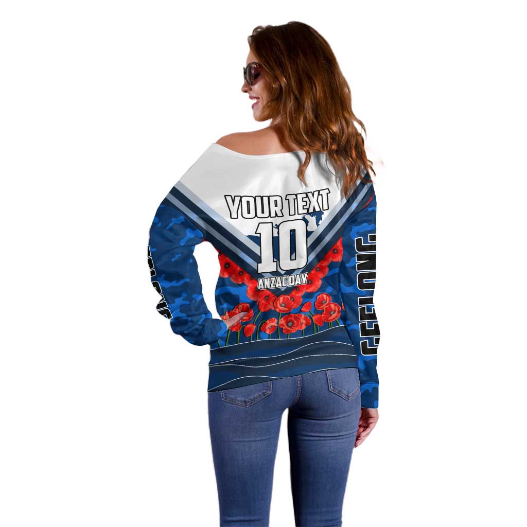 Personalised Geelong Cats ANZAC Off Shoulder Sweater Military Remembrance Australian Football Mascot Camouflage