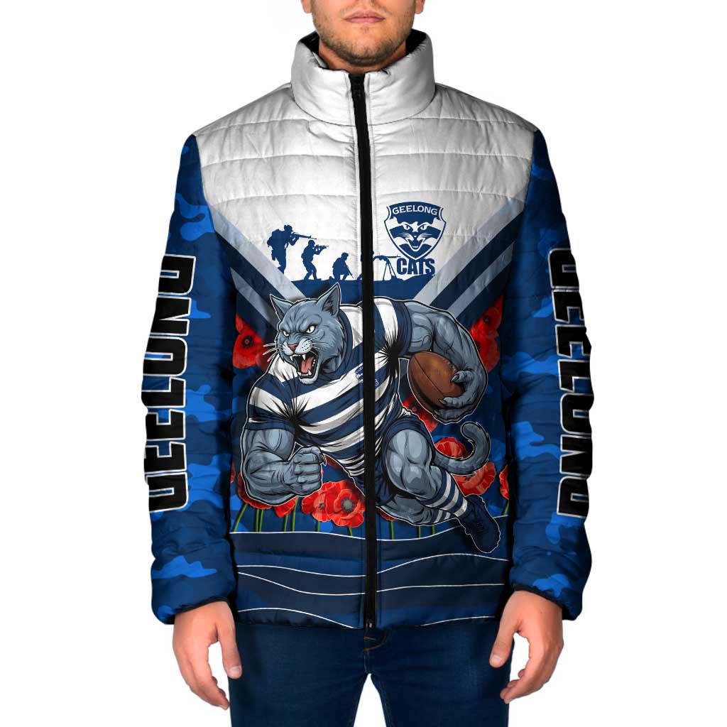 Personalised Geelong Cats ANZAC Padded Jacket Military Remembrance Australian Football Mascot Camouflage