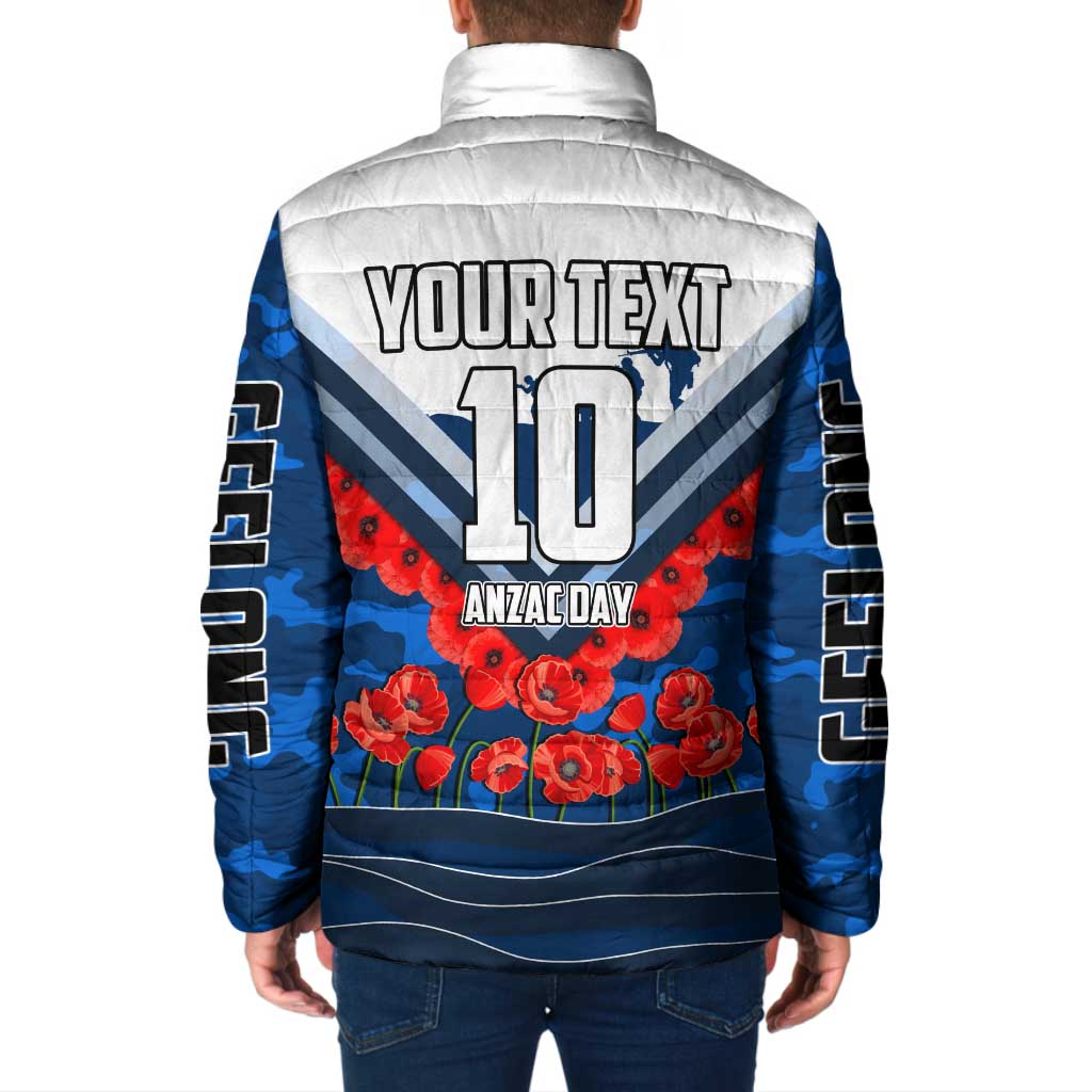 Personalised Geelong Cats ANZAC Padded Jacket Military Remembrance Australian Football Mascot Camouflage