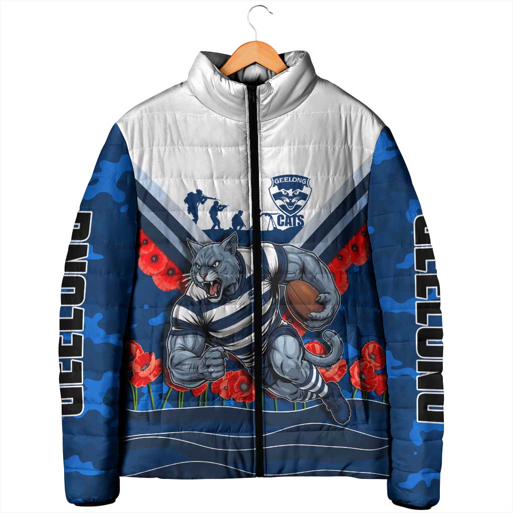 Personalised Geelong Cats ANZAC Padded Jacket Military Remembrance Australian Football Mascot Camouflage