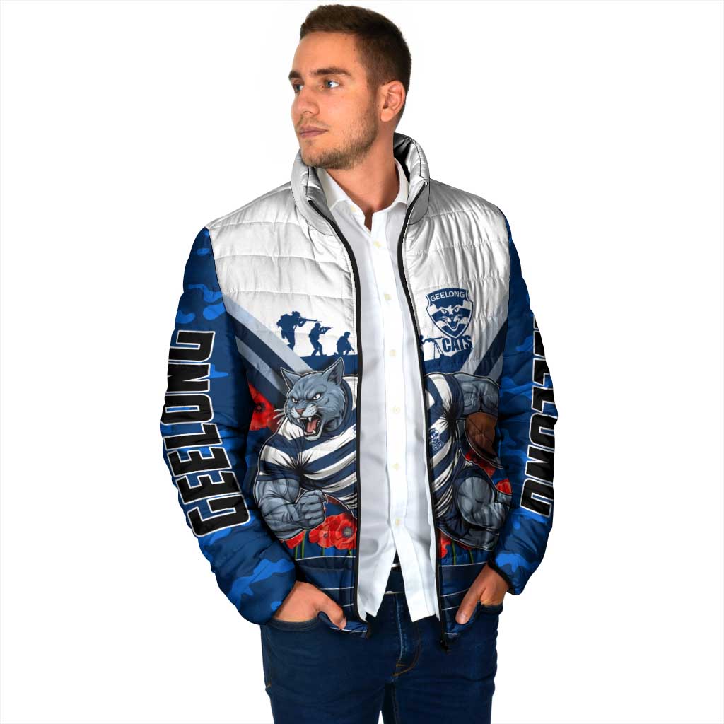 Personalised Geelong Cats ANZAC Padded Jacket Military Remembrance Australian Football Mascot Camouflage