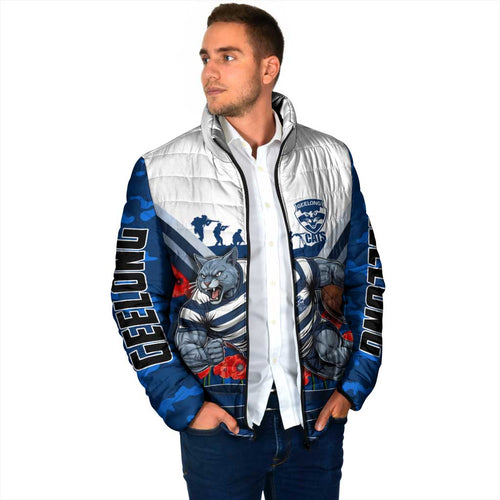 Personalised Geelong Cats ANZAC Padded Jacket Military Remembrance Australian Football Mascot Camouflage