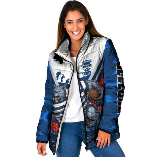 Personalised Geelong Cats ANZAC Padded Jacket Military Remembrance Australian Football Mascot Camouflage