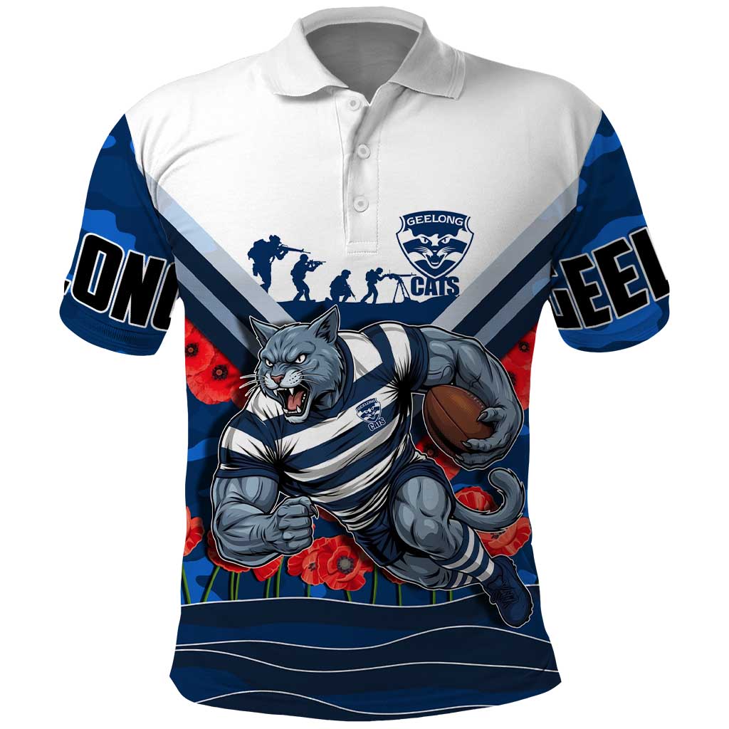 Personalised Geelong Cats ANZAC Polo Shirt Military Remembrance Australian Football Mascot Camouflage