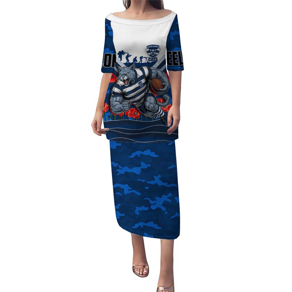 Personalised Geelong Cats ANZAC Puletasi Military Remembrance Australian Football Mascot Camouflage