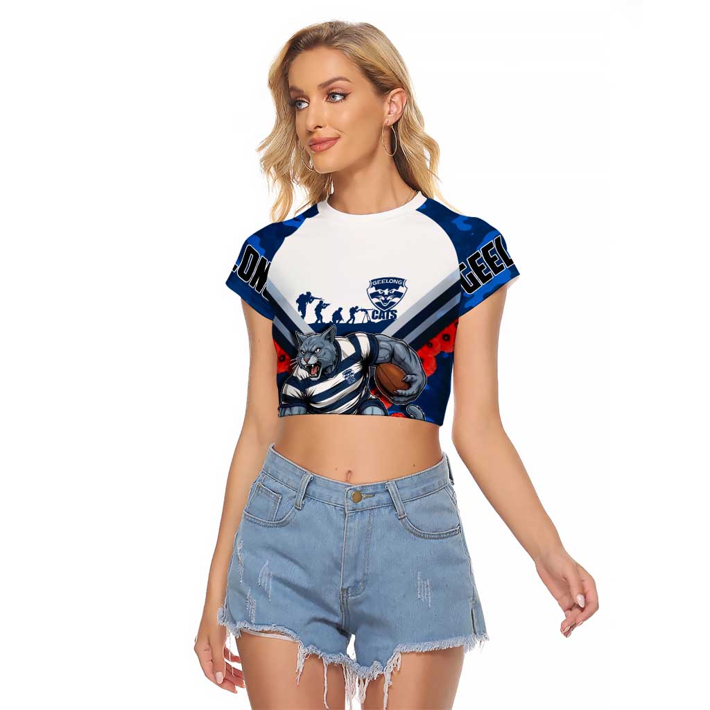 Personalised Geelong Cats ANZAC Raglan Cropped T Shirt Military Remembrance Australian Football Mascot Camouflage