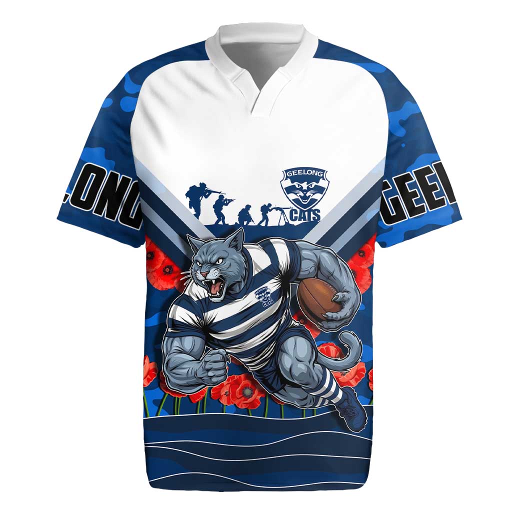 Personalised Geelong Cats ANZAC Rugby Jersey Military Remembrance Australian Football Mascot Camouflage
