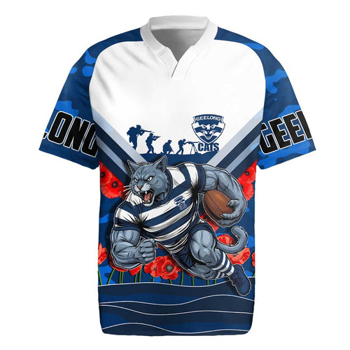 Personalised Geelong Cats ANZAC Rugby Jersey Military Remembrance Australian Football Mascot Camouflage