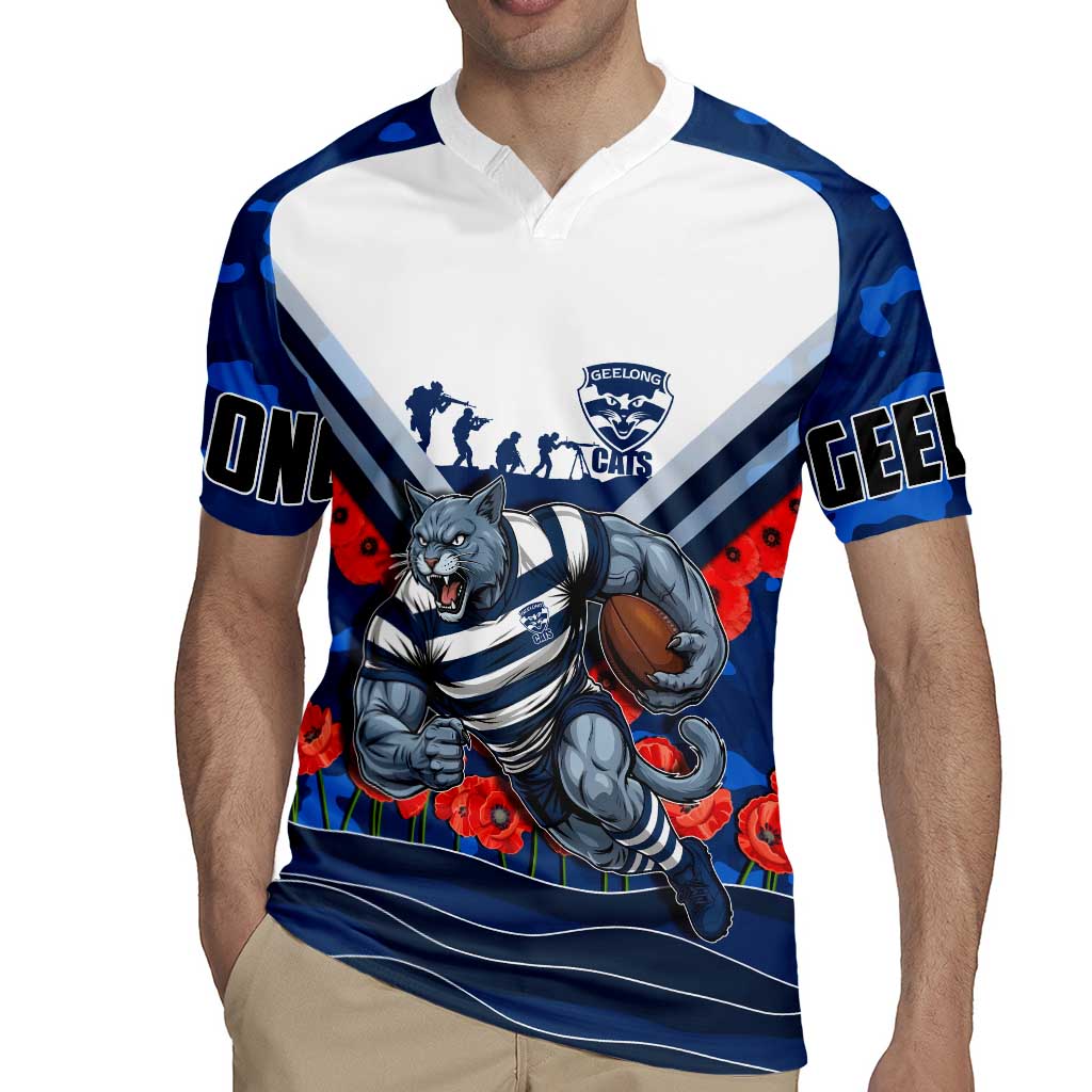 Personalised Geelong Cats ANZAC Rugby Jersey Military Remembrance Australian Football Mascot Camouflage