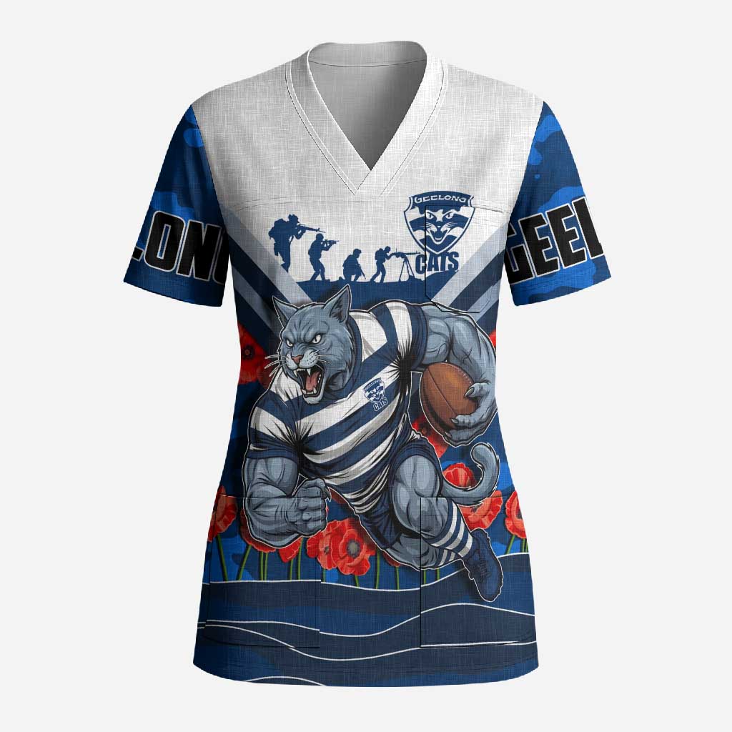 Personalised Geelong Cats ANZAC Scrub Top Military Remembrance Australian Football Mascot Camouflage