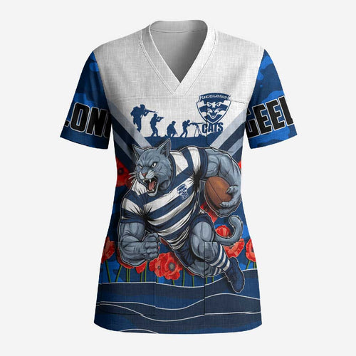 Personalised Geelong Cats ANZAC Scrub Top Military Remembrance Australian Football Mascot Camouflage