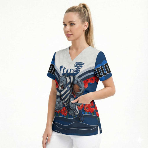 Personalised Geelong Cats ANZAC Scrub Top Military Remembrance Australian Football Mascot Camouflage