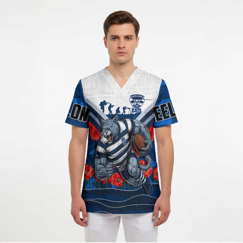 Personalised Geelong Cats ANZAC Scrub Top Military Remembrance Australian Football Mascot Camouflage
