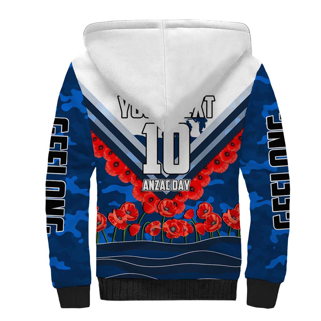 Personalised Geelong Cats ANZAC Sherpa Hoodie Military Remembrance Australian Football Mascot Camouflage