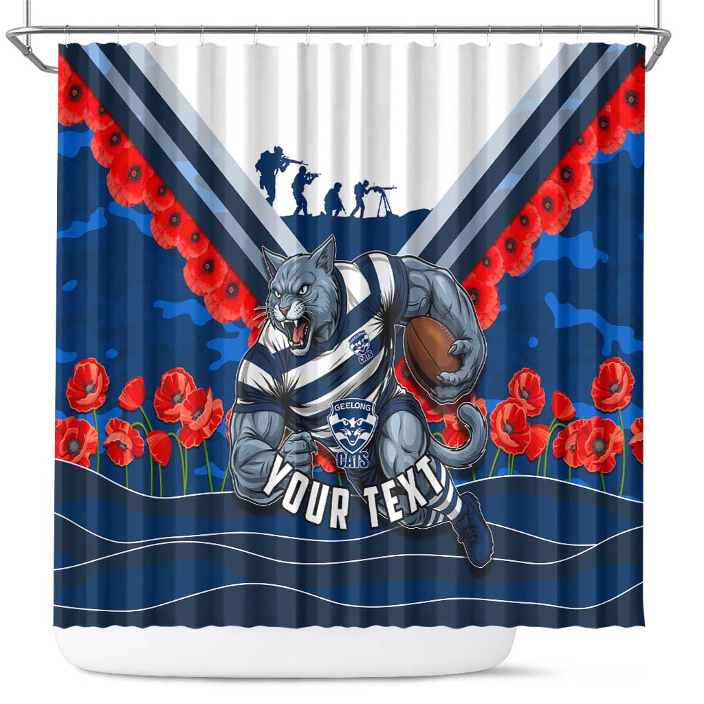 Personalised Geelong Cats ANZAC Shower Curtain Military Remembrance Australian Football Mascot Camouflage