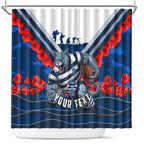Personalised Geelong Cats ANZAC Shower Curtain Military Remembrance Australian Football Mascot Camouflage