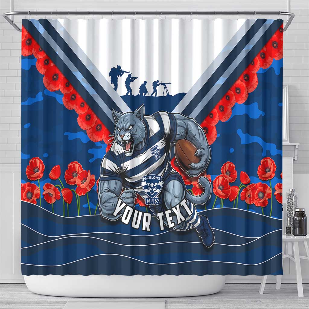 Personalised Geelong Cats ANZAC Shower Curtain Military Remembrance Australian Football Mascot Camouflage
