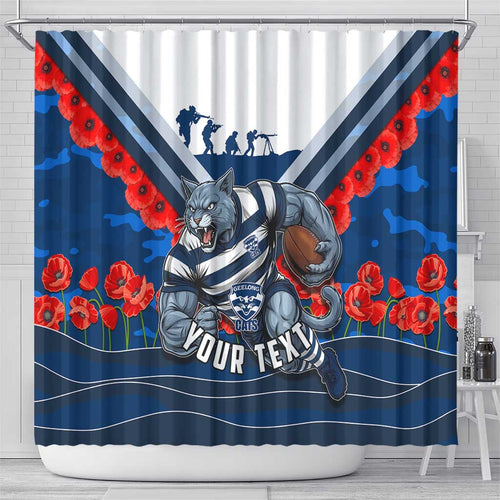 Personalised Geelong Cats ANZAC Shower Curtain Military Remembrance Australian Football Mascot Camouflage